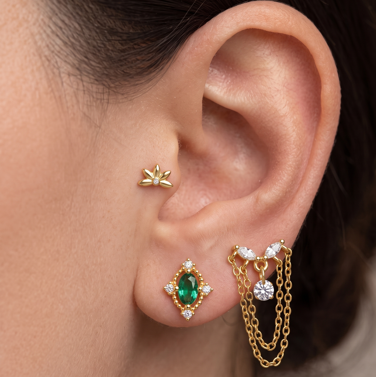 Piercing náušnice se zirkonem a řetízkem Duo Ag 925